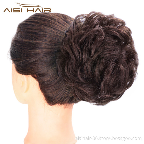 Aisi Hair Dark Brown Brazilian Human Hair Curly Chignon Bun Elastic Rope Rubber Band Hairpiece Clip In Extension For Women